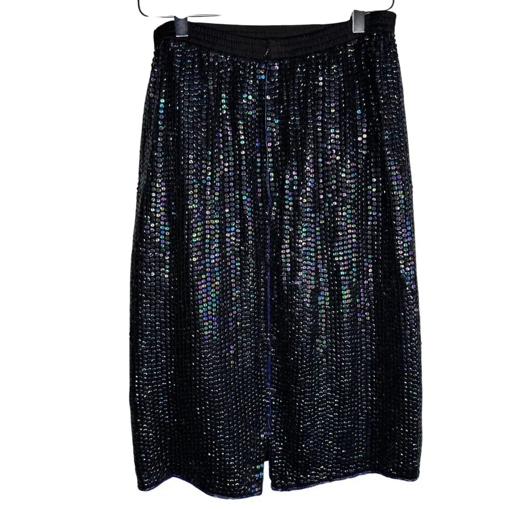 VTG Black Iridescent Mermaidcore Dark Fairy Sequin‎ Skirt 100% Silk Size Medium - Picture 5 of 10